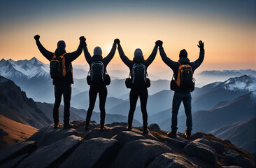 Together overcoming obstacles with four people holding hands on top of a mountain, celebrating success and achievements - obrazy, fototapety, plakaty