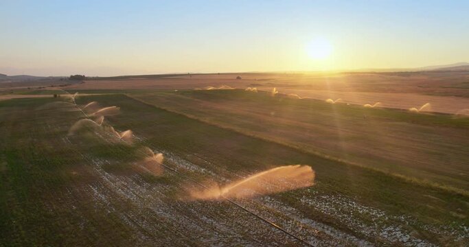 Aerial shot of irrigation equipment on farm agriculture field at sunset, sunrise