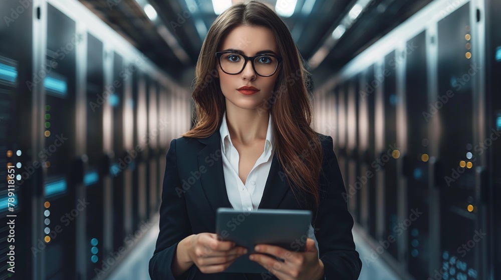 Poster An information security expert carefully configures servers ensures important data is protected in organization. Attentive IT specialist solves complex tasks storing and analyzing data in data center