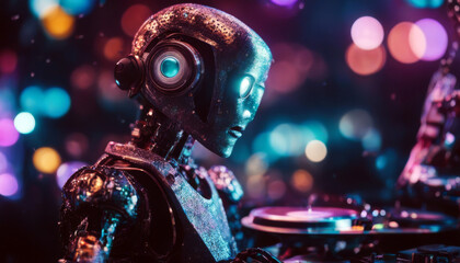 futuristic partying background AI dj robot music mix turntable party club disco entertainment nightclub stage dance nightlife sound light equipment audio