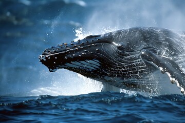 A magnificent humpback whale breaching the surface, spraying a fine mist of seawater as it dives back into the depths.
