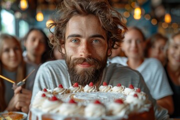 Self-assured man holding an elegant cake with whipped cream and strawberries - obrazy, fototapety, plakaty