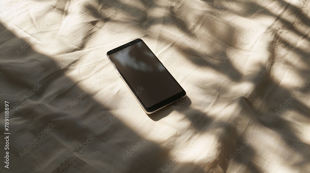 Aufkleber Aesthetic business background flat lay with mobile phone and sunlight shadows on a beige tablecloth : Generative AI