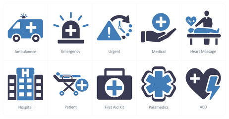 A set of 10 emergency icons as ambulance, emergency, urgent