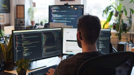 Dedicated web developer engrossed in programming on multiple monitors amidst high-tech office environment