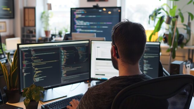 Dedicated web developer engrossed in programming on multiple monitors amidst high-tech office environment