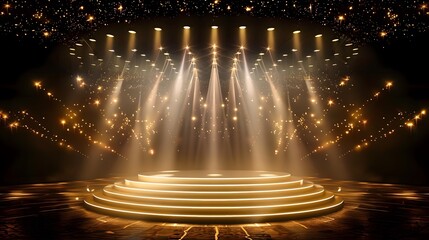 The golden stage is surrounded by lights, with light beams shining down on the center of the round podium.