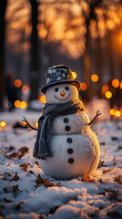 Obraz premium A snowman, night warm photo, snow landscape, happy expression сreated with Generative Ai