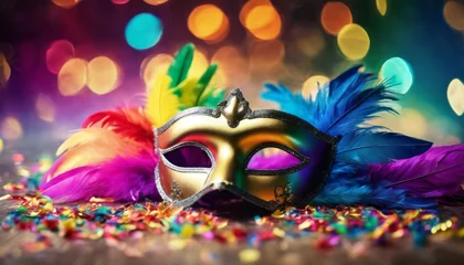 Poster mask confetti concept feathers rainbow colors carnival Venetian party happy costume celebration holiday colourful festive circus masquerade rio colours festival celebrate venet © mohamedwafi