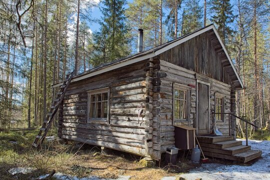 Old log cabin in forest in spring with clouds in the sky.