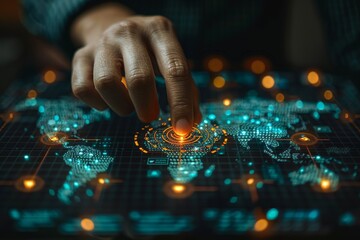 A person’s finger hovers over a glowing digital interface suggesting a connection between humans and advanced technology
