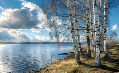 autumn in the forest. View of the lake on a beautiful afternoon in late autumn or early spring birches grow on the shore