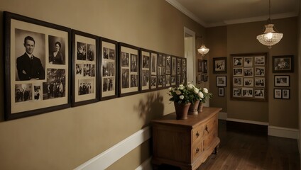 A hallway adorned with a chronological display of framed, historic family photographs in sepia tones Generative AI - obrazy, fototapety, plakaty