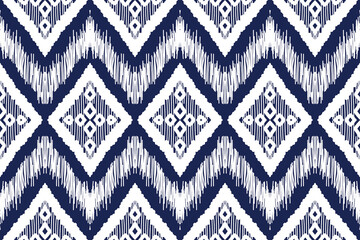 Seamless pattern. ikat, hand drawing ethnic white and blue color, Abstract ogee textured background for textile, wallpaper, carpet, clothing. Traditional bohemian vector illustration.