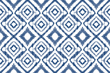 Seamless pattern. ikat, hand drawing ethnic white and blue color, Abstract ogee textured background for textile, wallpaper, carpet, clothing. Traditional bohemian vector illustration.