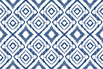Küchenrückwand glas motiv Boho-Stil Seamless pattern. ikat, hand drawing ethnic white and blue color, Abstract ogee textured background for textile, wallpaper, carpet, clothing. Traditional bohemian vector illustration.