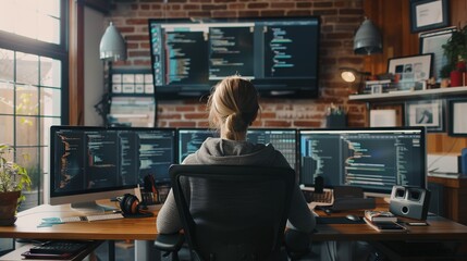 Dedicated web developer engrossed in programming on multiple monitors amidst high-tech office environment