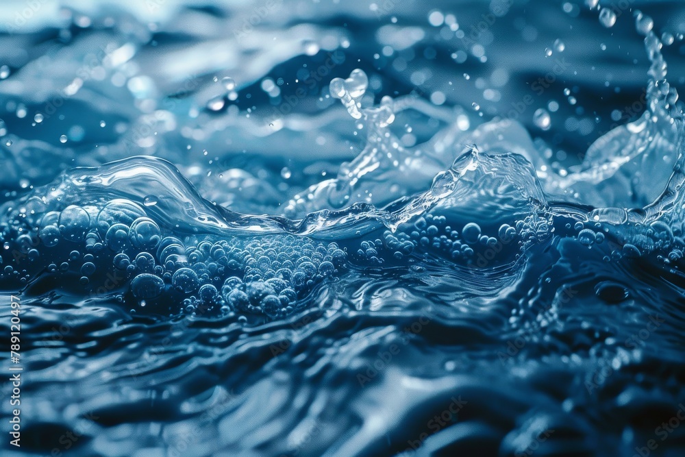 Poster a dynamic and detailed close-up of sparkling water with ripples and a multitude of small bubbles