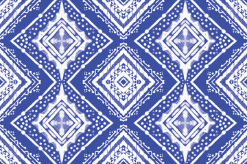 Seamless pattern. ikat, hand drawing ethnic white and blue color, Abstract ogee textured background for textile, wallpaper, carpet, clothing. Traditional bohemian vector illustration.