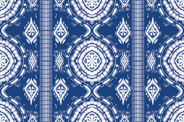 Seamless pattern. ikat, hand drawing ethnic white and blue color, Abstract ogee textured background for textile, wallpaper, carpet, clothing. Traditional bohemian vector illustration.