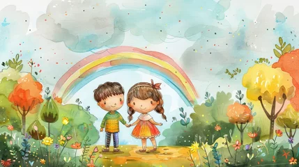  Children's watercolor illustration of a happy boy and girl holding hands against the backdrop of a green landscape with flowers, trees and a rainbow. Image for Children's Day © Olena