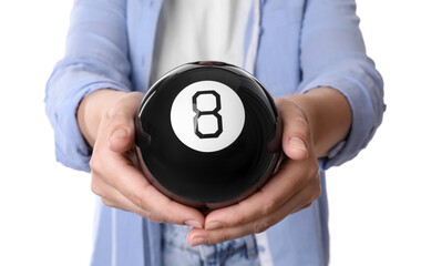 Woman holding magic eight ball on white background, closeup