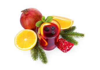 Aromatic Christmas Sangria drink in glass, fir branches and ingredients isolated on white