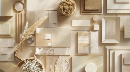 Flat lay design of creative architect moodboard composition with samples of building beige textile and natural materials and personal accessories Top view template : Generative AI - obrazy, fototapety, plakaty