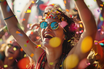 close up horizontal image of a young girl having fun at a music festival dancing in a crowd