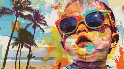 a pop art collage showcasing a baby adorned with unique sunglasses set against a backdrop of palm trees, capturing the essence of summer vibes.