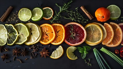 Flat lay arrangement of colorful citrus slices lemongrass herbs and spices on dark background Ingredients for homemade tonic water for cocktails : Generative AI