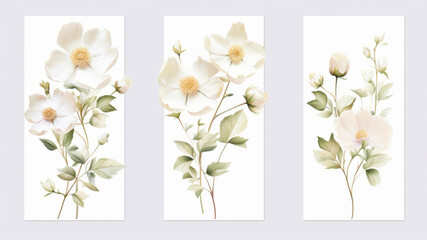 Set of four vertical banners with watercolor flowers. Vector illustration.