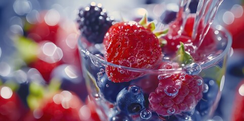 Blueberries and raspberries splashing into crystal clear water with air bubbles. Generative AI