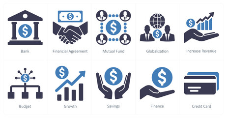 A set of 10 finance icons as bank, financial agreement, mutual funds - obrazy, fototapety, plakaty