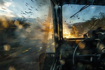 : A machine gun firing from a vehicle, with the landscape blurred and the tracer rounds streaking through the air