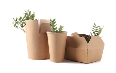 Eco friendly packaging. Disposable food containers and twigs isolated on white