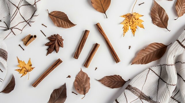 Autumn composition Hot chocolate blanket notebook autumn leaves cinnamon sticks on white background Flat lay top view : Generative AI