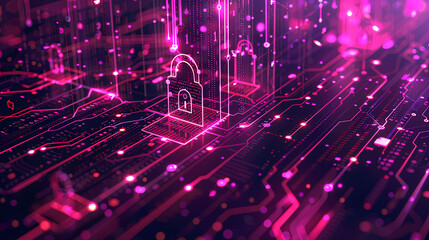 cybersecurity services concept or secure connection of digital privacy closeup and safety lock purple pinkish design - AI Generative