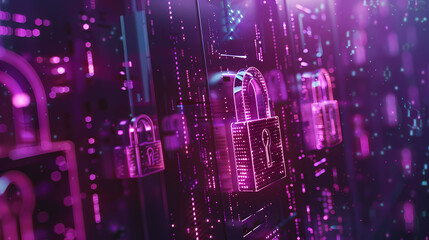 cybersecurity services concept or secure connection of digital privacy closeup and safety lock purple pinkish design - AI Generative