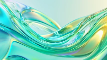 Crédence de cuisine Vagues fractales Abstract glass waves with smooth shiny flowing form in turquoise and yellow.  © An