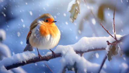A robin sits on a branch in the snow. A bird in the snow.