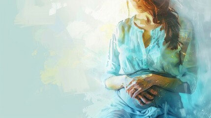 A woman holding her swollen belly during cramps, pure white setting, rendered in expressive Impressionist strokes.