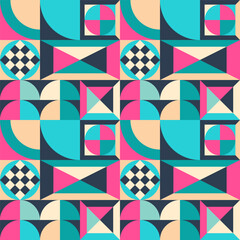 Vector bright summer seamless pattern assembled from squares with geometric ornaments. Vector endless backgrounds in modern style