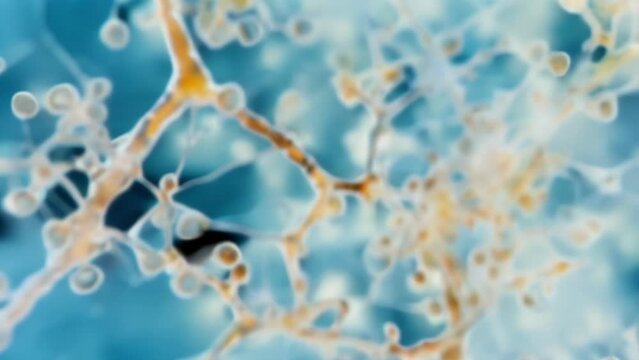 An upclose view of intricate fungal hyphae captured under the microscope. The thin strands of hyphae intertwine and divide forming . AI generation.