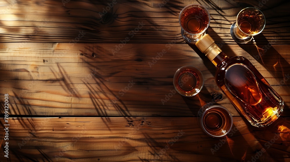 Poster scotch whiskey bottle and glasses on wooden table with copy space top view flat lay : generative ai