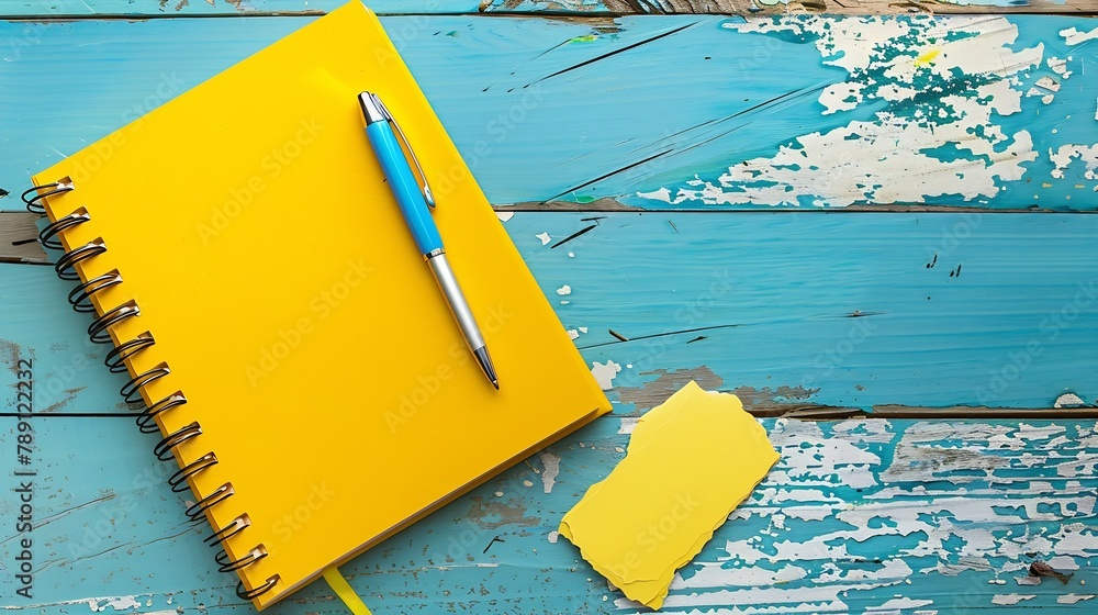 Leinwandbilder blank yellow notebook with pen are on top of wood office desk table torn paper or business card top 