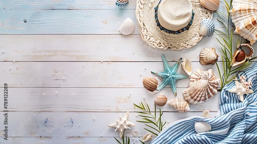 Poster beautiful summer holiday beach background with some accessories and shells on white wood panel borde