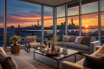 Fototapeta premium A spacious modern living room with floor-to-ceiling windows showcasing at sunset. Generative AI tools