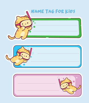 name tag for kids with cute cat is diving