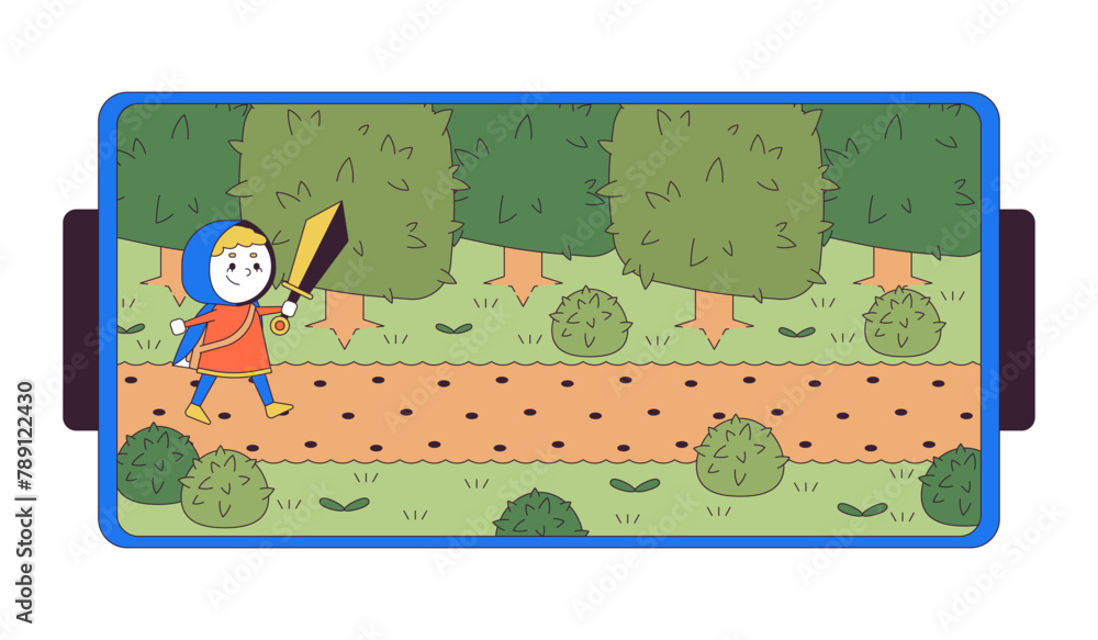Poster arcade adventure game on phone 2d linear cartoon object. knight boy with sword. mobile mmorpg isolat
